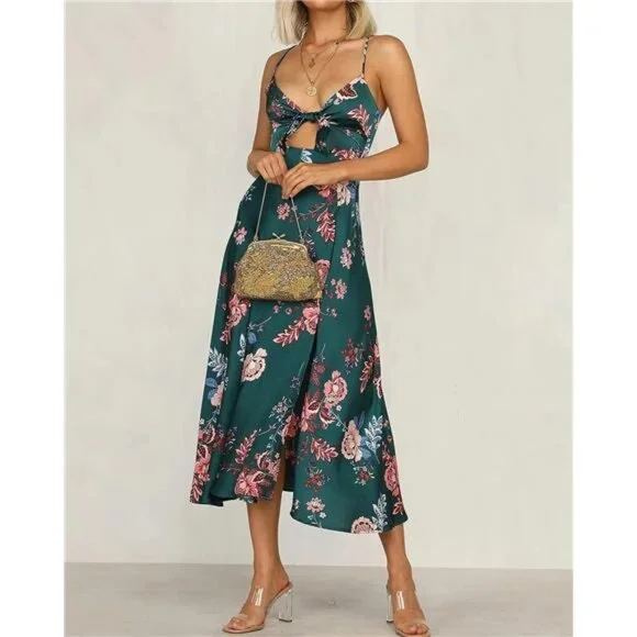 Dark Green Floral Print Satin Tie Front Cami A-Line Dress Flowy Midi Party Dress - Picture 2 of 6